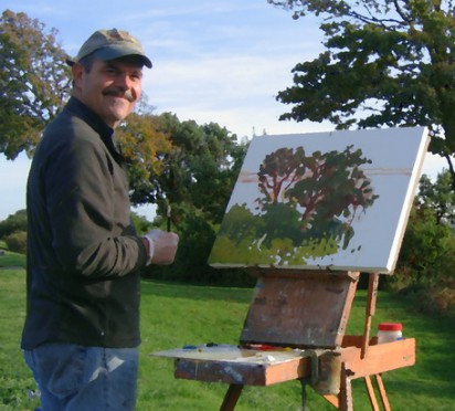 David Harrison painting the landscape. Commission process page for commissioning art from David Harrison